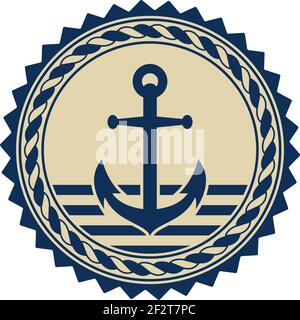 Anker Symbol Vektor mit nautischen Seil in marine blau und beige Farbe auf isolierten weißen Hintergrund. Verwendbar als Marine- und nautisches Symbol. Stock Vektor
