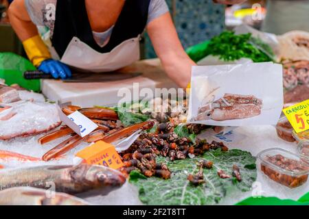 Der Verkäufer auf dem Fischmarkt bietet dem Kunden frischen Tintenfisch an. Helle Farben, selektiver Fokus, Bokeh Stockfoto