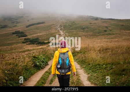 Langer Weg bis zum Berggipfel. Frau Wandern auf dem Wanderweg im Nationalpark Mala Fatra, Slowakei. Abenteuer in der Natur Stockfoto