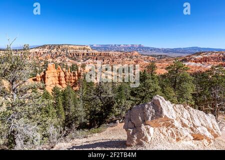 Landschaft mit erstaunlichen Sandsteinformationen im malerischen Bryce Canyon National Park an einem sonnigen Tag. Utah, USA Stockfoto