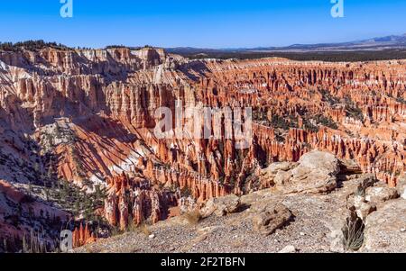 Panoramablick auf erstaunliche Sandsteinformationen im malerischen Bryce Canyon National Park an einem sonnigen Tag. Utah, USA Stockfoto