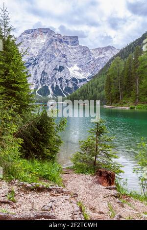 Blick vom Ufer auf den See Prags. (Im Hintergrund Seekofel) Italienische dolomitengalpen Stockfoto