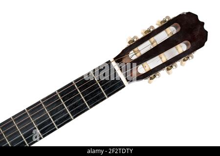 Oberseite der sechs-Saiten-Gitarre Hals isoliert auf weißem Hintergrund. Stockfoto