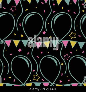 Nahtloses Vektor-Muster mit Ballons und Sternen auf schwarzem Hintergrund. Retro Neon Feier Tapetendesign für Kinder. Stock Vektor
