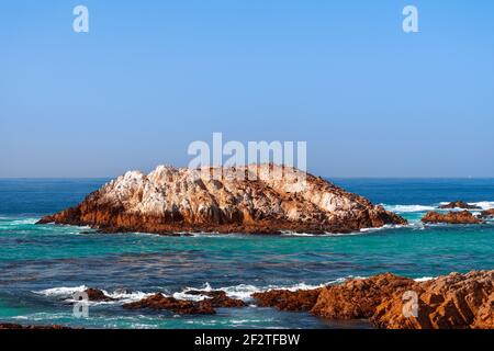 Wunderschöner Meerblick auf Seal Rock Beach mit Seelöwen auf dem Seal Rock (helle Farben) Greek Beach, 17 Mile Drive, San Francisco, Kalifornien, USA Stockfoto