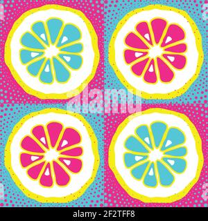 Nahtloses Vektor-Muster mit Zitrusfrüchten, Zitrone, Orange, Limette auf Neon-Quadraten. Pop Art Tapete. Stock Vektor