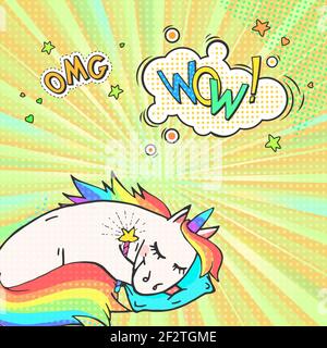 Pop Art Poster mit Cartoon Einhorn, Aufkleber OMG und Sprechblase mit Text WOW! Comic-Nachahmung im Retro-Stil. Vektorgrafik. Stock Vektor