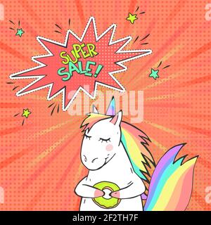 Werbung Pop Art Poster mit handgezeichneter Magie Einhorn im Retro-Comic-Stil. Sprechblase mit Text SUPER VERKAUF! Vektorhintergrund. Stock Vektor