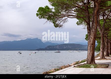 Blick auf den Gardasee von der Promenade zwischen Lazise und Bardolino. Stockfoto