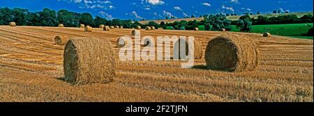 Panorama-Landschaft eines Feldes in der englischen Landschaft mit Heuballen an einem Sommertag Stockfoto