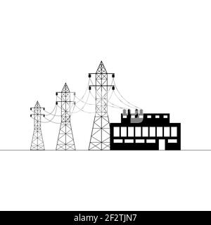 Freileitung, Transformatorumspannwerk. Stromübertragung und -Versorgung. Flache Vektorgrafik. Stock Vektor