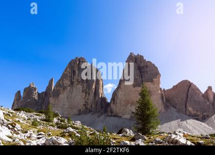 Blick aus nächster Nähe auf die Gipfel der berühmten Tre Cime di Lavaredo. Südtirol, Italien Stockfoto