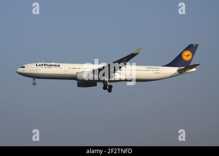 Deutscher Lufthansa Airbus A330-300 mit Registrierung D-AIKK im Finale für Start- und Landebahn 25L des Frankfurter Flughafens. Stockfoto