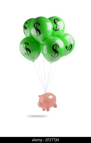 Sparschwein fliegt mit grünen Ballons mit dem Dollar-Symbol isoliert auf einem weißen Hintergrund. 3D Abbildung. Stockfoto