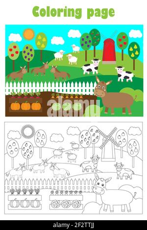 Bauernhof Tiere und Garten, Cartoon Stil, Färbung, Bildung Papier Spiel für die Entwicklung der Kinder, Kinder im Vorschulalter Aktivität, bedruckbar Stockfoto