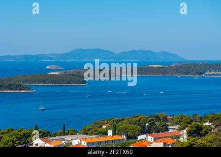 Luftaufnahme der Pakleni Inseln in der Nähe von Hvar, Kroatien Stockfoto