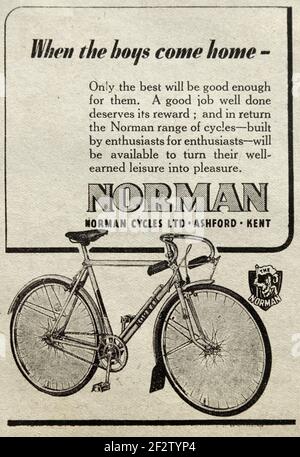 Vintage 1944 Werbung für britische 'Norman' Fahrräder. Stockfoto