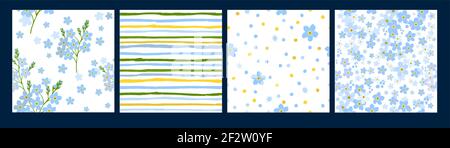 Set von floralen Hintergründen mit kleinen Blumen. Blue Forget-Me-Nots. Vektorgrafik Stock Vektor
