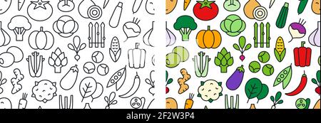 Set von Vektor nahtlose Muster mit Gemüse. Endlose Textur, Hintergrund, Tapete. Lineare Farbsymbole. Kontur, Form, Kontur. Gesunde Ernährung und Stock Vektor