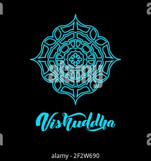 Vektor-Illustration mit Symbol Chakra Vishuddha auf schwarzem Hintergrund. Stock Vektor