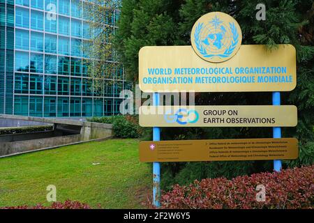 GENF, SCHWEIZ -5 APR 2019- Außenansicht des Gebäudes der World Meteorological Organization (WMO), einer Organisation der Vereinten Nationen in Gene Stockfoto