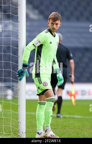 MILTON KEYNES. VEREINIGTES KÖNIGREICH. MÄRZ 13th: Accrington Stanley Torwart Toby Savin während der ersten Hälfte des Sky Bet League 1-Spiels zwischen MK Dons und Accrington Stanley im Stadium MK, Milton Keynes am Samstag, den 13th. März 2021. (Kredit: John Cripps - MI News) Kredit: MI Nachrichten & Sport /Alamy Live Nachrichten Stockfoto