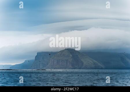 Panoramablick auf die wunderschöne Landschaft in Mykines, mit Fokus auf eine Papageientaucher-Familie, Färöer-Inseln Stockfoto