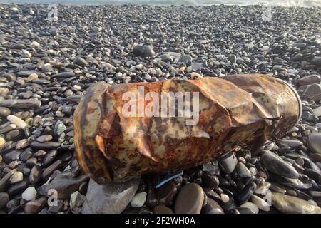 Verrostete Dose am Strand verlassen Stockfoto