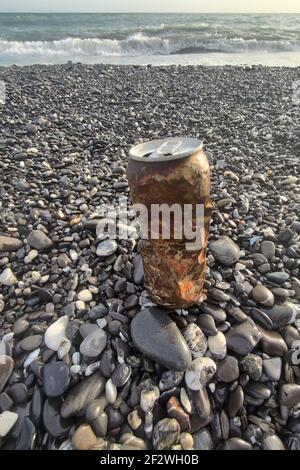 Verrostete Dose am Strand verlassen Stockfoto