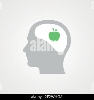 Kopf und Apfel. Konzept der Ernährung, Gesundheit, Fitness. Vektor-Illustration, flaches Design Stock Vektor