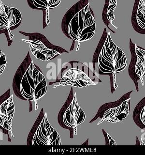 Blätter mit Ornamenten und Streifen. Nahtlose Muster Kontur Blätter mit einem Kontrastschatten Stockfoto