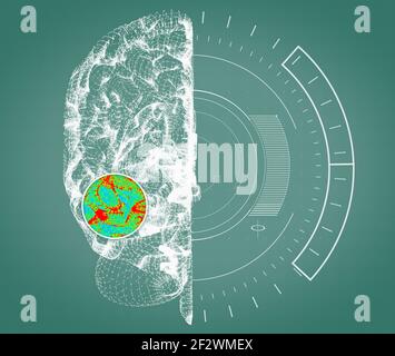 Schmerzen im Kopf, Gehirn und Synapsen, kognitive Probleme, geistige Defizite. Aneurysma. Degenerative Erkrankungen des Hirnareals. HUD, Hologramm Stockfoto