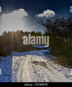 Am späten Nachmittag, und Fahrzeug-Tracks zeigen im Schnee auf der Moorland Single Track Road in Yorkshire Stockfoto