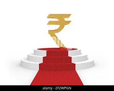 Indische Rupie Zeichen auf einem Podium mit rotem Teppich Stockfoto