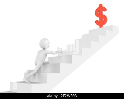 3D Zeichentrickfilm Mann strebend in Treppe Heben der Hand in Richtung Rot Farbiges US-Dollar-Symbol Stockfoto