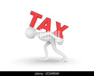 3D Illustration des Zeichentrickfilms Mann trägt Steuer Typografie zeigt die Steuerbelastung Stockfoto
