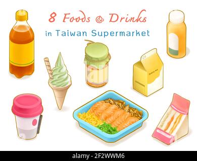 Lebensmittel, Getränke in Taiwan Supermarkt Sammlung, digitale Malerei von Apfelsaft, Bananenmilch, Eis, stinkende Tofu, fermentierte Bohnenkerze, Lachssaschim Stockfoto