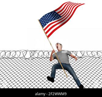 Ein junger Mann schreit vor Wut, als er in dieser 3-D-Illustration eine amerikanische Flagge über politische Wut in den USA trägt. Ein Stacheldrahtzaun ist dahinter Stockfoto