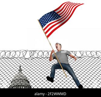 Ein junger Mann schreit vor Wut, als er in dieser 3-D-Illustration eine amerikanische Flagge über politische Wut in den USA trägt. Ein Stacheldrahtzaun und US Stockfoto