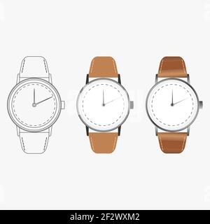 Set von klassischen Herrenuhren. Isolierte Armbanduhr mit Lederarmband. Stock Vektor