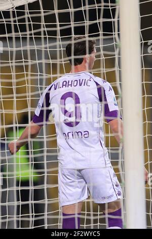 Benevento, Italien. März 2021, 13th. Dusan Vlahovic von ACF Fiorentina reagiert während der Serie A Fußballspiel zwischen Benevento Calcio und ACF Fiorentina im Ciro Vigorito Stadion in Benevento (Italien), 13. März 2021. Foto Cesare Purini/Insidefoto Kredit: Insidefoto srl/Alamy Live News Stockfoto