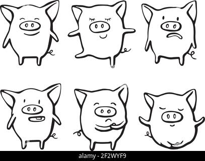 Sammlung von lustigen Schwein emoticon Zeichen in verschiedenen Emotionen. Vektorset handgezeichnete Illustration. Weihnachtskarte, Poster, T-Shirt Komposition Stock Vektor