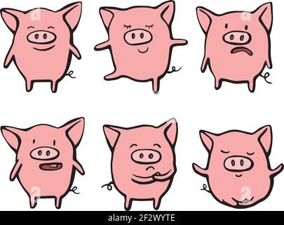 Sammlung von lustigen Schwein emoticon Zeichen in verschiedenen Emotionen. Vektorset handgezeichnete Illustration. Weihnachtskarte, Poster, T-Shirt Komposition Stock Vektor