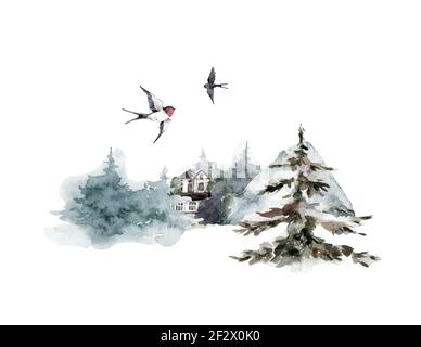 Aquarell Kiefern mit Mond handgezeichnete Illustration isoliert auf weißem Hintergrund. Splash Landschaft Malerei Wald. Stockfoto
