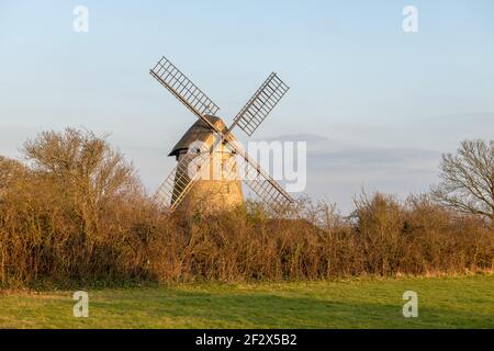 Blick auf die Stembridge Mill in High Ham in Somerset.die letzte verbleibende Strohwindmühle in Somerset. Stockfoto