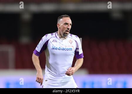 Benevento, Italien. März 2021, 13th. Franck Ribery von ACF Fiorentina reagiert während der Serie A Fußballspiel zwischen Benevento Calcio und ACF Fiorentina im Ciro Vigorito Stadion in Benevento (Italien), 13. März 2021. Foto Cesare Purini/Insidefoto Kredit: Insidefoto srl/Alamy Live News Stockfoto