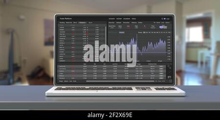 Börsenmarktanalyse, Monitoring-App auf Laptop-Bildschirm, Home-Office-Hintergrund. Handelsplattform, Devisenhandel. Binäre Option, Kerzenständer cha Stockfoto