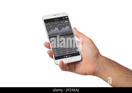 Börsenmarktanalyse, Überwachung App Handy-Bildschirm. Handelsplattform, Devisenhandel. Männliche Hand isoliert auf weißem Hintergrund. Binäre Opti Stockfoto