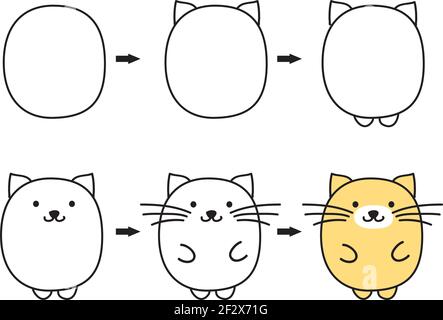 Wie man ovale Form verwendet, um niedliche Tiere zu zeichnen : Katze Stock Vektor