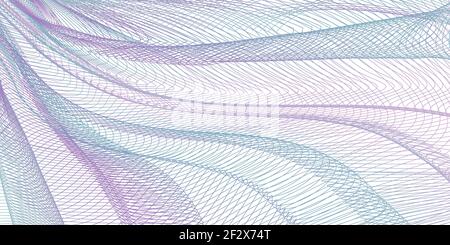 Türkisfarbenes, violettes Faltennetz, drapiertes Textil. Linienkunst Muster, abstraktes Design. Verwickelte dünne Linien, farbige Kurven. Vektor gestreift Hintergrund. EPS10 Stock Vektor